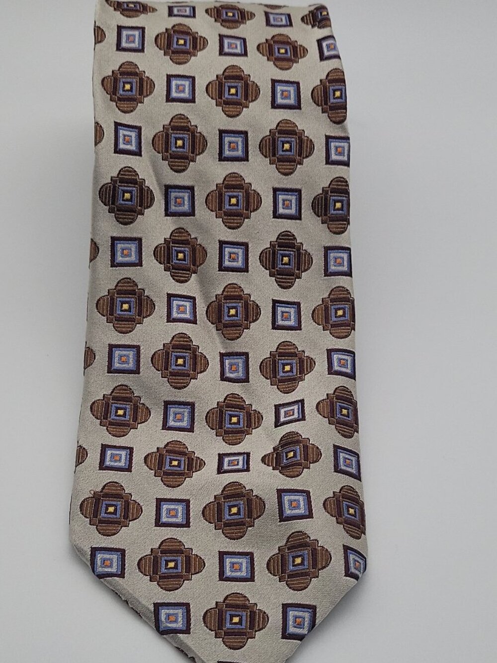 Jos. A. Bank 100% Silk Geometric Beige Brown Blue Men's Tie Handmade Italy